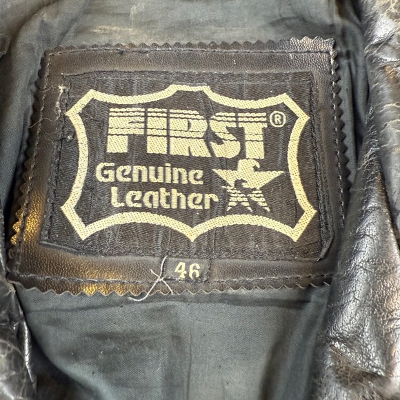 FIRST Genuine Leather Mens Motorcycle Jacket Black Size 46 Biker Style Vintage - Picture 3 of 10